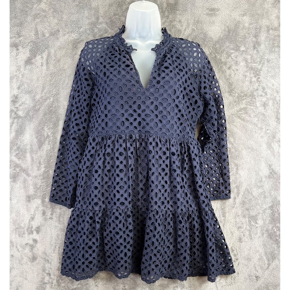 J Crew Tiered Embroidered Eyelet Dress Medium Navy Blue Mini Popover